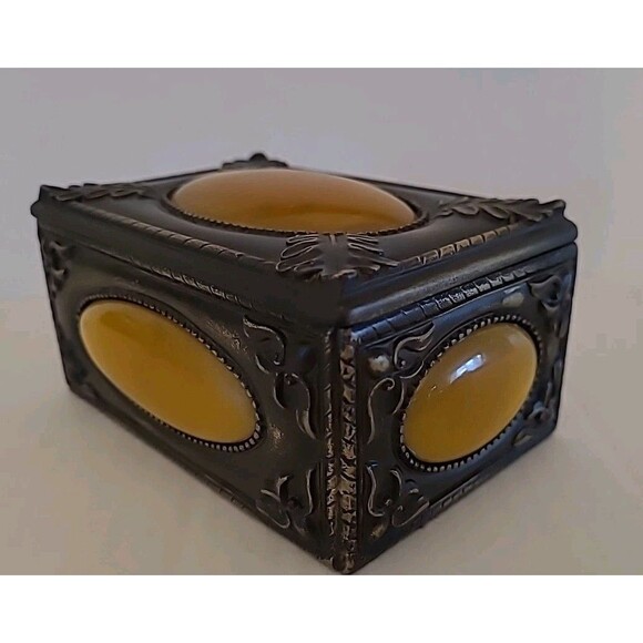 Vintage Art Deco Bakelite Trinket Box Lid Bronze Yellow Gold 4.5"  X 3" Quoizel - Picture 2 of 10